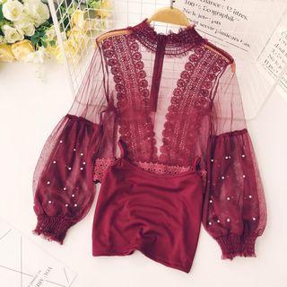 Set: Faux Pearl Balloon-sleeve Mesh Top + Camisole