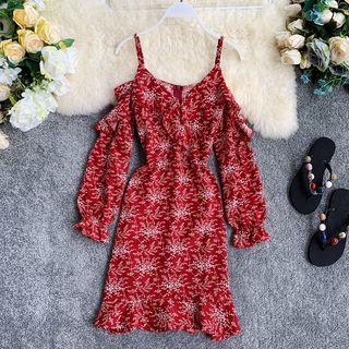Off-shoulder Floral Long-sleeve Dress