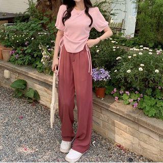 Short-sleeve Drawstring T-shirt / High Waist Wide Leg Pants