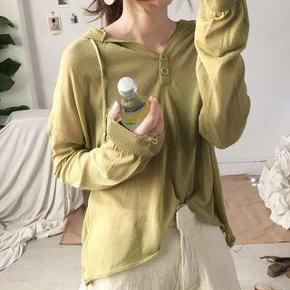 Distressed Long-sleeve Hooded Knit Top