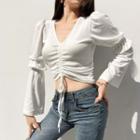 V Neck Bell-sleeve Drawcord Crop Top