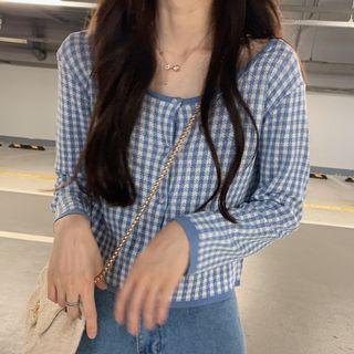 Gingham Open-placket Button Top
