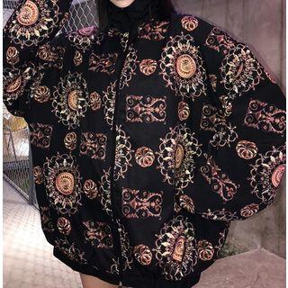 Printed Stand-collar Bomber Jacket Black - One Size