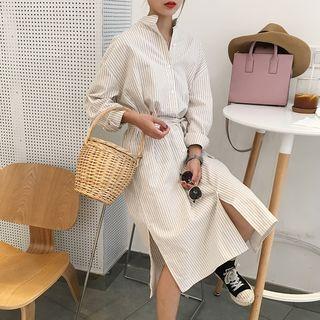 Mandarin Collar Striped Shirt Midi Dress