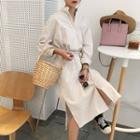 Mandarin Collar Striped Shirt Midi Dress