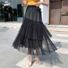 Sparkly Mesh Overlay Tiered A-line Midi Skirt