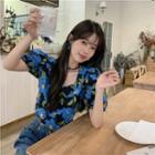 Puff-sleeve Floral Print Tie-back Crop Top Blue - One Size