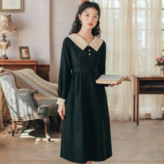 Polo-neck Balloon-sleeve Midi A-line Dress