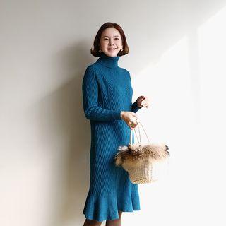 Turtle-neck Textured Midi Knit Dress