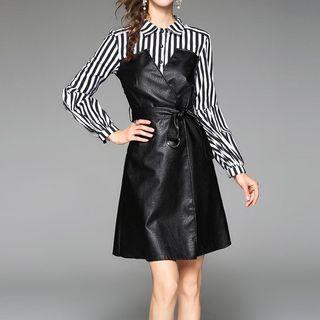 Mock Two-piece Faux Leather Long-sleeve A-line Mini Dress