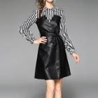 Mock Two-piece Faux Leather Long-sleeve A-line Mini Dress