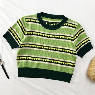 Short-sleeve Heart Jacquard Knit Top Green - One Size