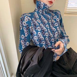Long-sleeve Floral Print Turtle-neck T-shirt Blue - One Size