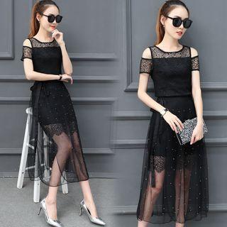 Set: Short-sleeve Cold Shoulder Dress + Embellished Mesh Skirt