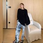 Side-slit Long-sleeve T-shirt / Dye Print Wide-leg Pants