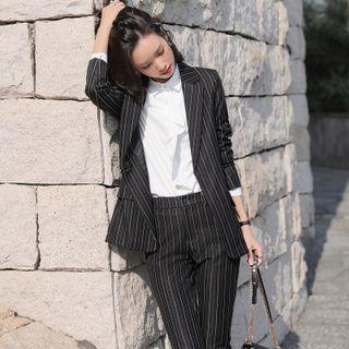Set: Pinstriped Blazer + Pinstriped Straight-cut Pants + Ruffle Blouse