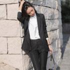 Set: Pinstriped Blazer + Pinstriped Straight-cut Pants + Ruffle Blouse