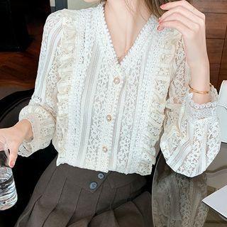 Long-sleeve V-neck Flower Trim Lace Cardigan