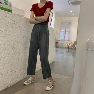 Elastic Waist Pleated Cropped Wide-leg Pants