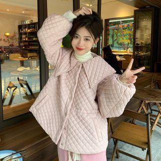 Plain Peter Pan Collar Long-sleeve Cotton Jacket Pink - One Size