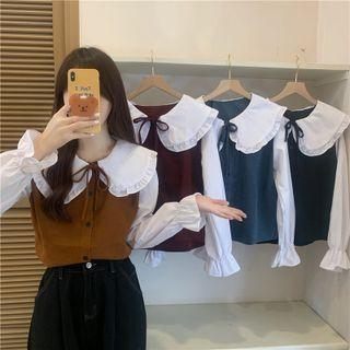 Mock Two-piece Long-sleeve Wide-collar Blouse
