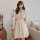 Short-sleeve V-neck Lace Trim A-line Dress