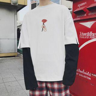Long-sleeve Mock Two-piece Rose Print T-shirt