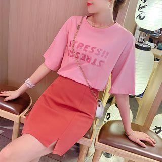 Set: Short-sleeve Lettering T-shirt + Slit A-line Skirt