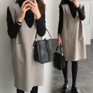 Turtleneck Long-sleeve Top / Sleeveless Midi A-line Dress / Set