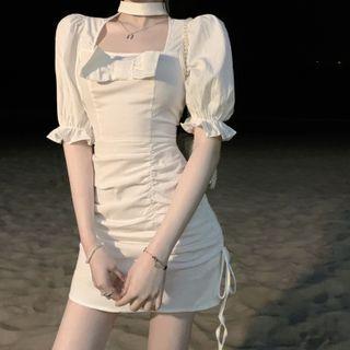 Puff-sleeve Bow Accent Mini Sheath Dress