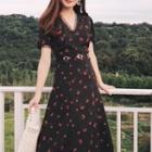 Cherry Print Short-sleeve A-line Midi Dress