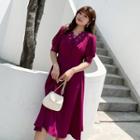 Short-sleeve Lace Trim Tie-back Midi A-line Dress