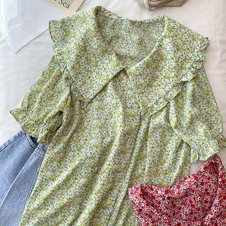 Short-sleeve Floral Print Wide-collar Blouse