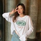 Long-sleeve Lettering Print Irregular Cropped T-shirt