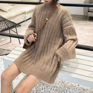 Turtleneck Long-sleeve Knit Dress Khaki - One Size
