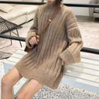 Turtleneck Long-sleeve Knit Dress Khaki - One Size