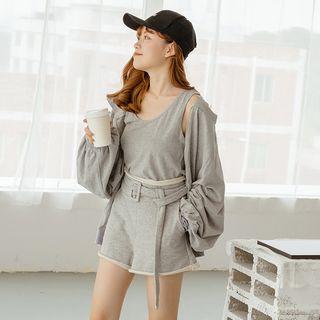 Set: Plain Zip Hooded Jacket + Tank Top + Wide-leg Shorts