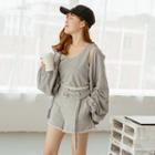 Set: Plain Zip Hooded Jacket + Tank Top + Wide-leg Shorts