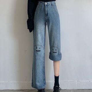 Mid Waist Cartoon Embroidered Wide Leg Jeans