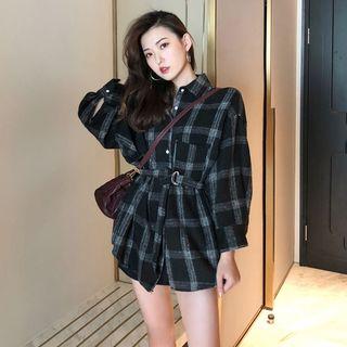 Set: Long-sleeve Plaid Shirt + Belt