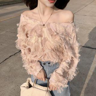 Off Shoulder Fringe Long-sleeve Top