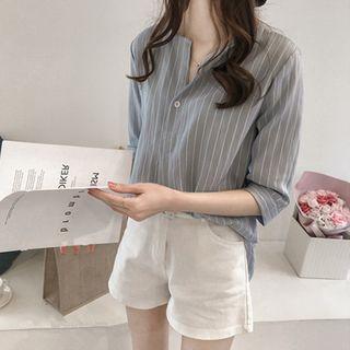 Elbow-sleeve Striped Open-collar Blouse