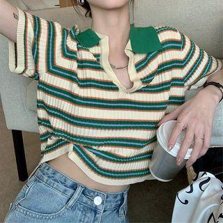 Short-sleeve Collar Striped Knit Top Stripes - Green & White - One Size
