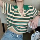 Short-sleeve Collar Striped Knit Top Stripes - Green & White - One Size