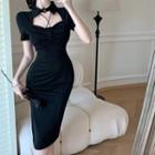 Short-sleeve Collar Cutout Sheath Dress