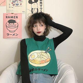 Long-sleeve Mock Neck Top / Sleeveless Printed T-shirt