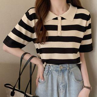 Cut-out Striped Short-sleeve Polo Shirt