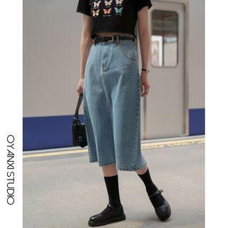 High-waist Denim Midi Straight-fit Skirt