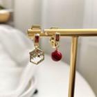 Geometric Alloy & Bead Asymmetrical Dangle Earring 1 Pair - Gold & Red - One Size
