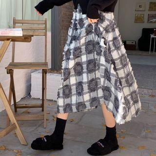 Plaid Midi A-line Skirt Plaid - Gray & White - One Size
